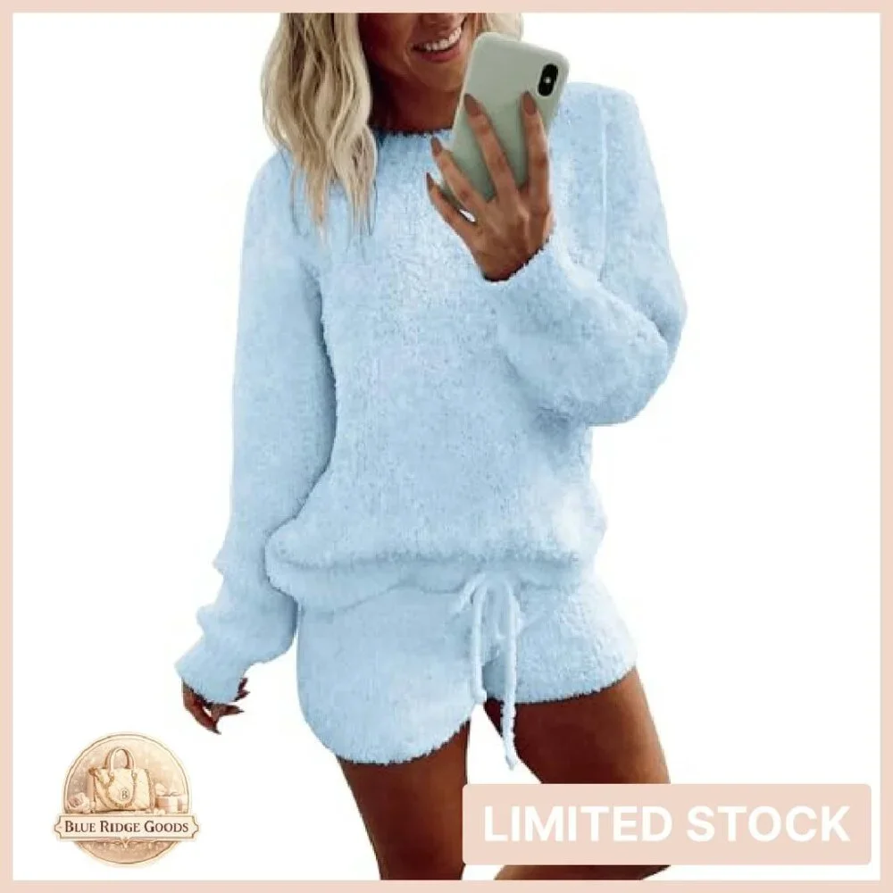Fuzzy Fleece Pajama Set Cozy Lounge Wear Long Sleeve Top Shorts Comfy